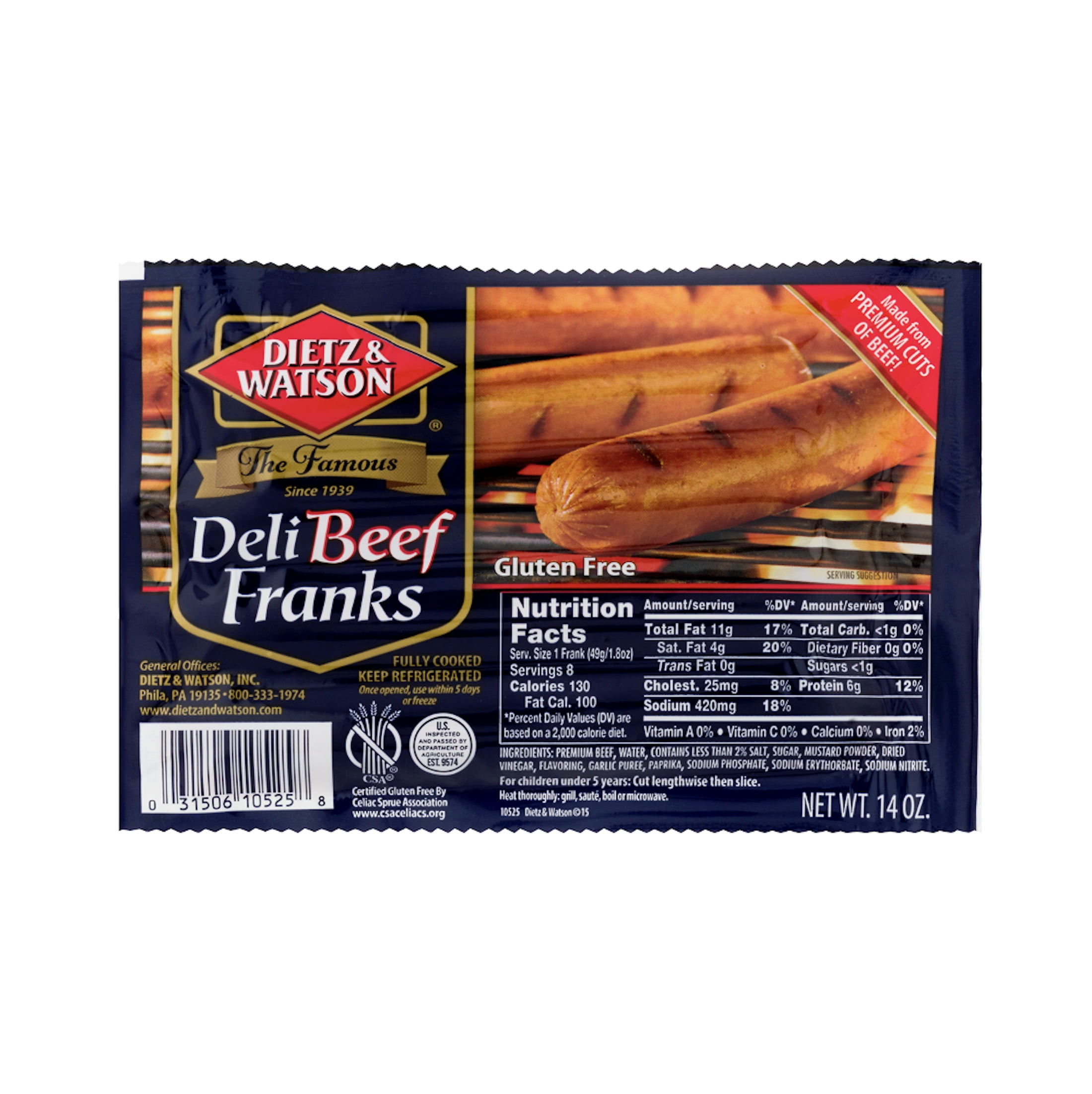 Dietz & Watson Deli Beef Hot Dog Franks, 14 oz, 8 Count (Fully Cooked)