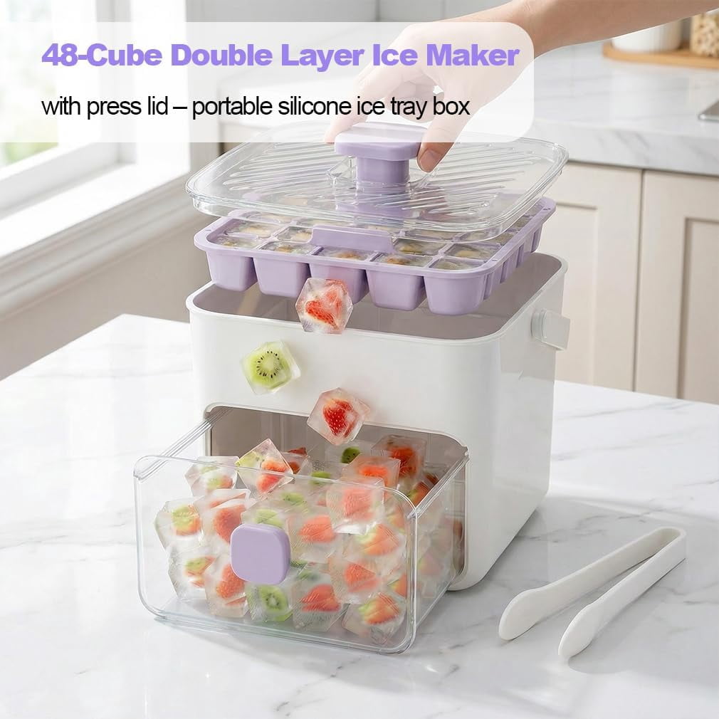 48 Cube Double-Deck Portable Ice Maker with Insulated Bag & Easy Press Lid,Silicone Trays,Counte,Produces 48 Ice Cubes,Stores Over 150 Cubes for DIY Whiskey,Outdoors,Parties