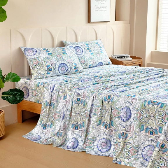 Cotton Queen Sheet Set Floral Paisley Print Deep Pocket Cooling Bedding