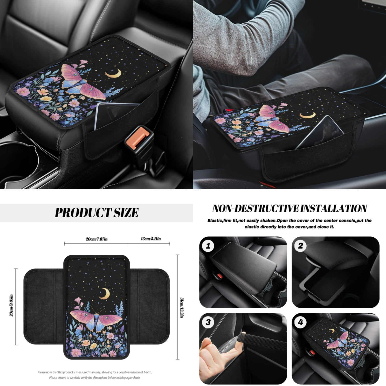 Yuyamidu Butterfly Car Seat Cover Full Set with Steering Wheel Cover Flower Seat Belt Strap Pads Cup Coasters Trash Bag Rearview Mirror Cover Armrest Cover Pad Auto Handbrake Cover Set of 14