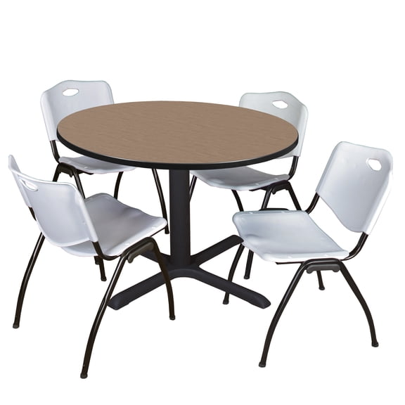 Romig Pillar 48 in. Round Breakroom Table- Noble Oak & 4 M Stack Chairs- Grey
