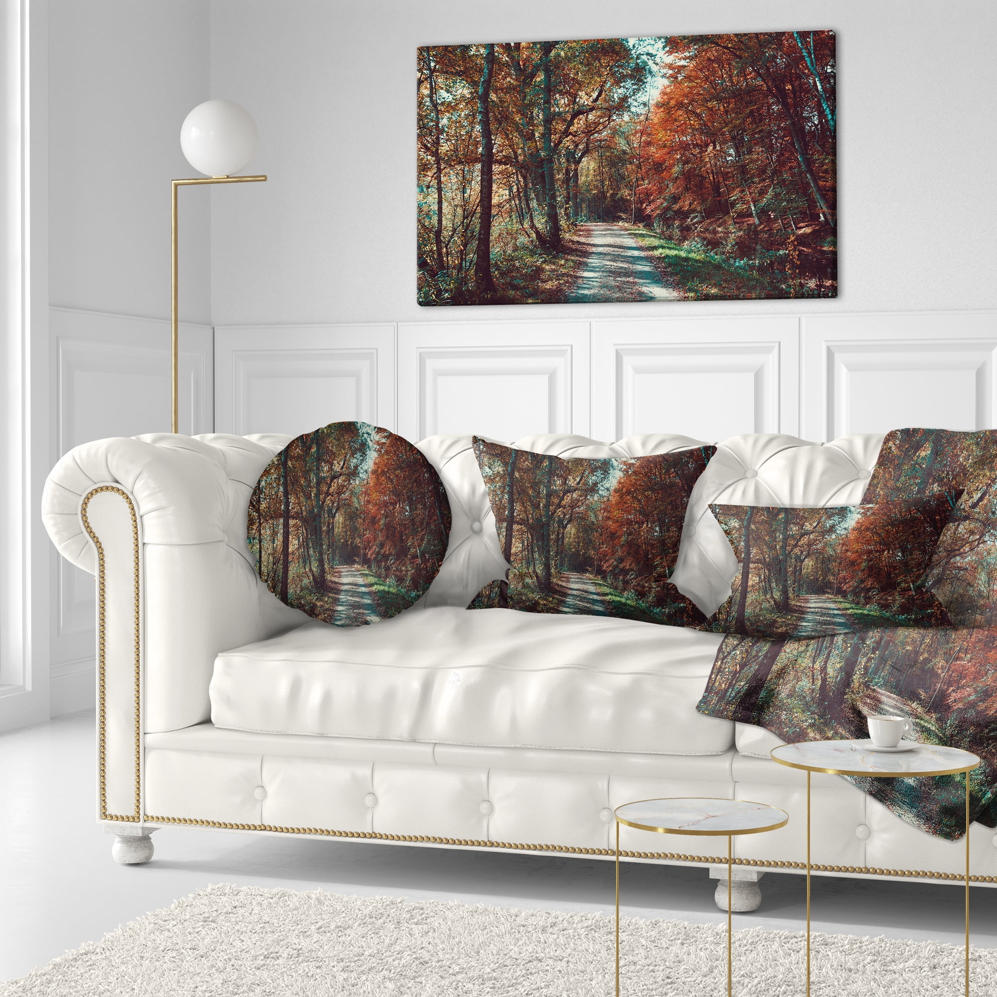 Designart Road Through Red Fall Forest - Landscape Photo Throw Pillow - 12x20