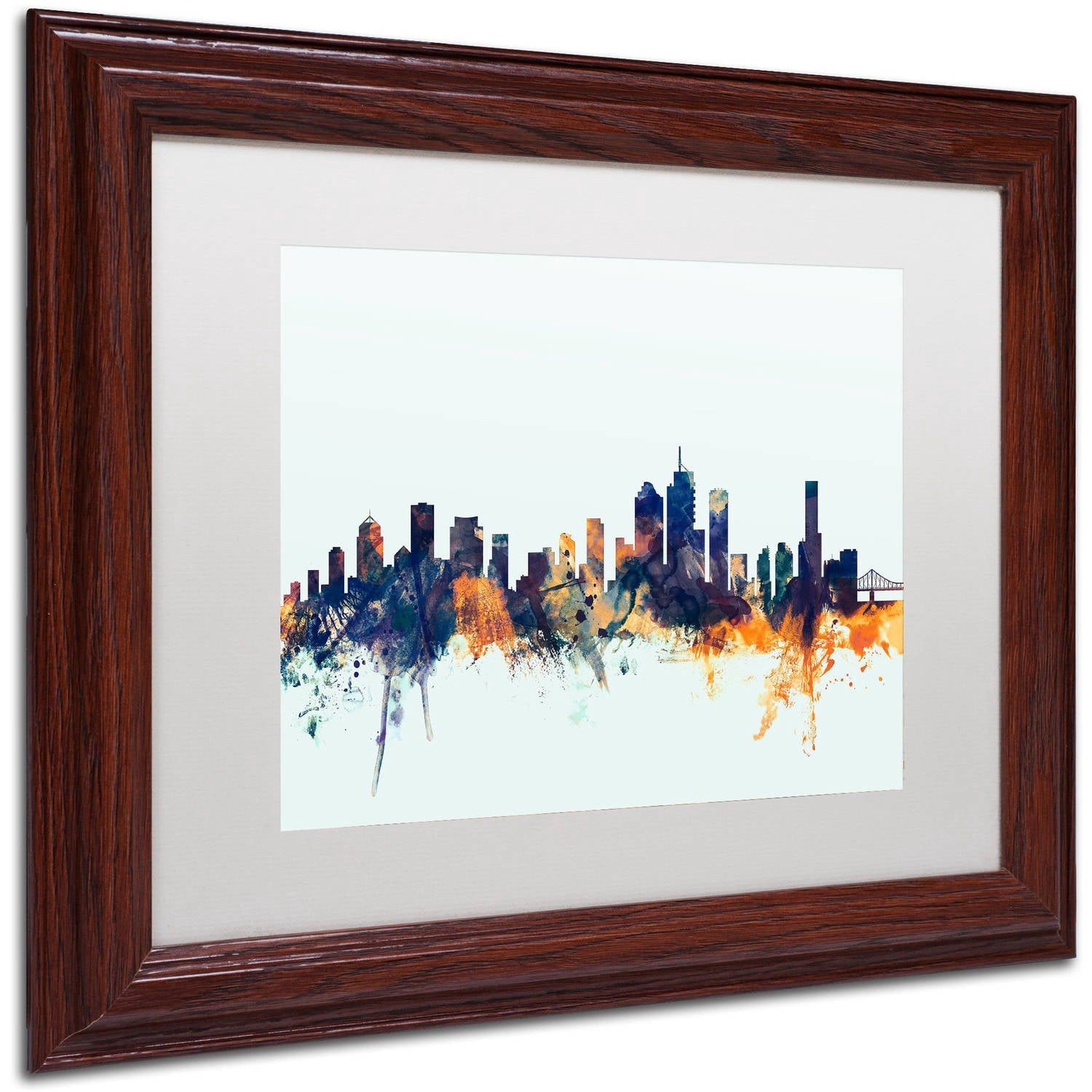 Trademark Fine Art "Brisbane Skyline Blue" Canvas Art by Michael Tompsett, White Matte, Wood Frame