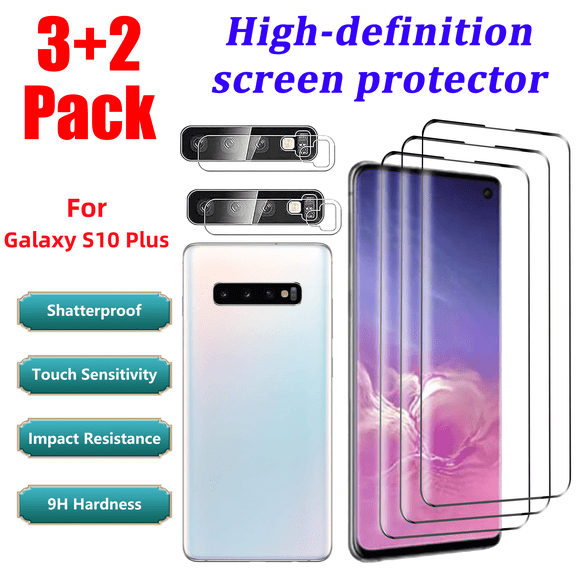 For Samsung Galaxy S10 Plus (6.4 Inch)3Pack Tempered Glass Screen Protector and 2Pack Camera Lens Protector,Full Coverage,9H Hardness,Scratch Resistant,Support Fingerprint Unlock,Easy to install
