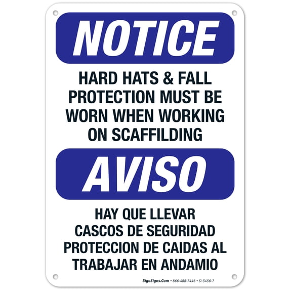 Bilingual Hard Hats & Fall Protection Must Be Worn Sign, OSHA Sign, 10x7 Aluminum