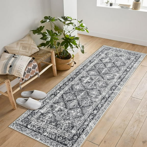 2'x6' Area RugsWashable Rugs for Living RoomVintage Boho for OfficeDining RoomKids Room and FarmhouseDurable Low Pile Non-Slip Area Rug Gray