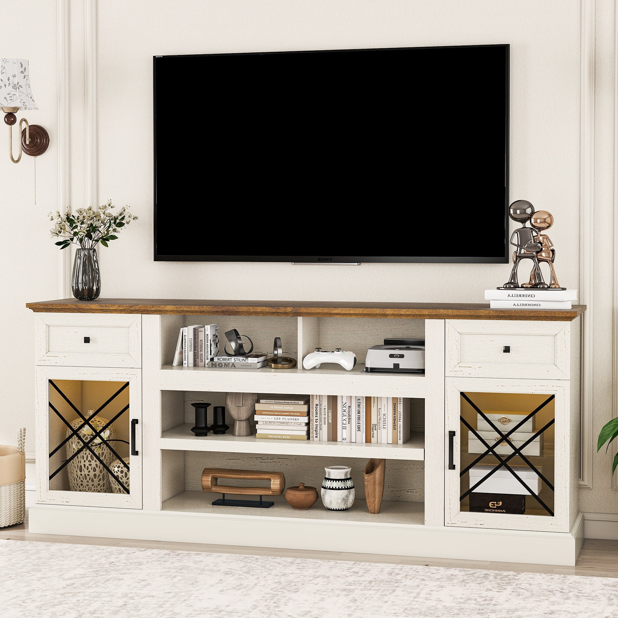 FIAKOA 70 inch Farmhouse TV Stand for 75 inch TV, White Entertainment Center with LED Lights & Power Outlet, Modern Media Console Table for Living Room
