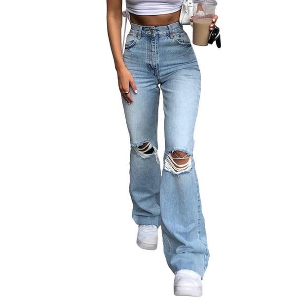 Sexy Dance Women Fitted Ripped Bell Bottom Jeans Ripped Destroyed