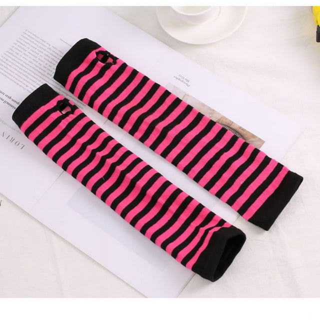 Zhuge Guantes largos sin dedos a rayas para mujer, calentadores de brazos tejidos de invierno para punk rock, cosplay, gótico y fiestas navideñas, color negro y rosa oscuro
