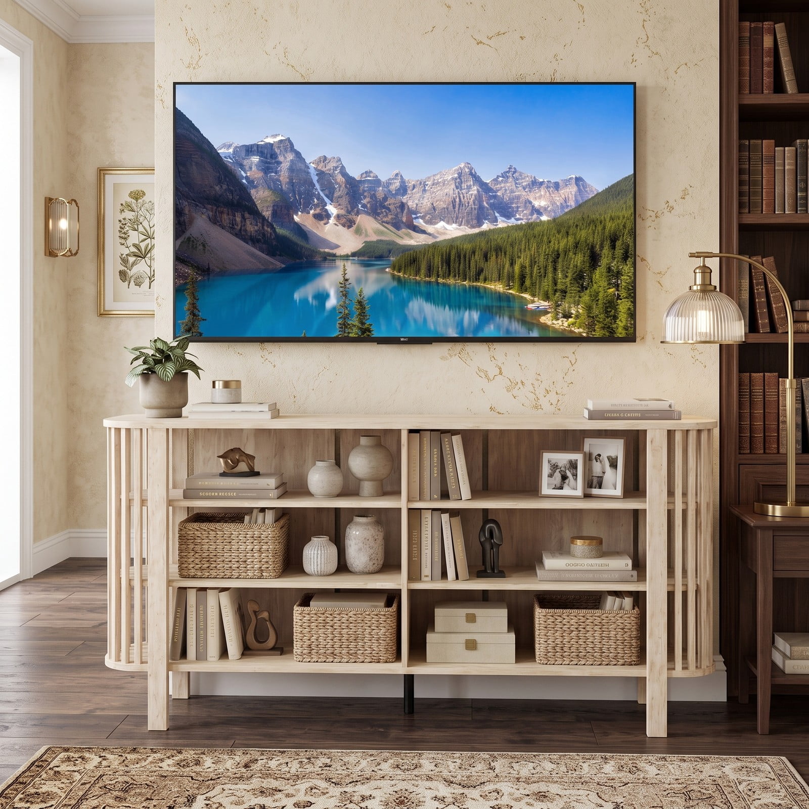 Furnibear 59 Inch TV Stand for TVs Up to 55 Inches, Wood Entertainment Center Media Console Table with 3 Adjustable Shelves and Slatted Sides for Living Room, Natural