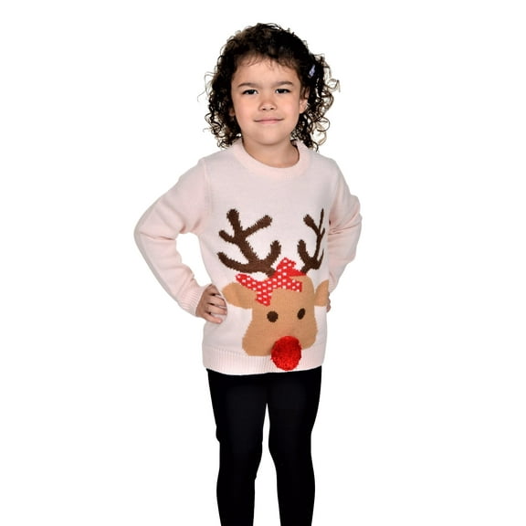 RWB Girl's Rudolph With 3D Nose Christmas Sweater Lt. Pink