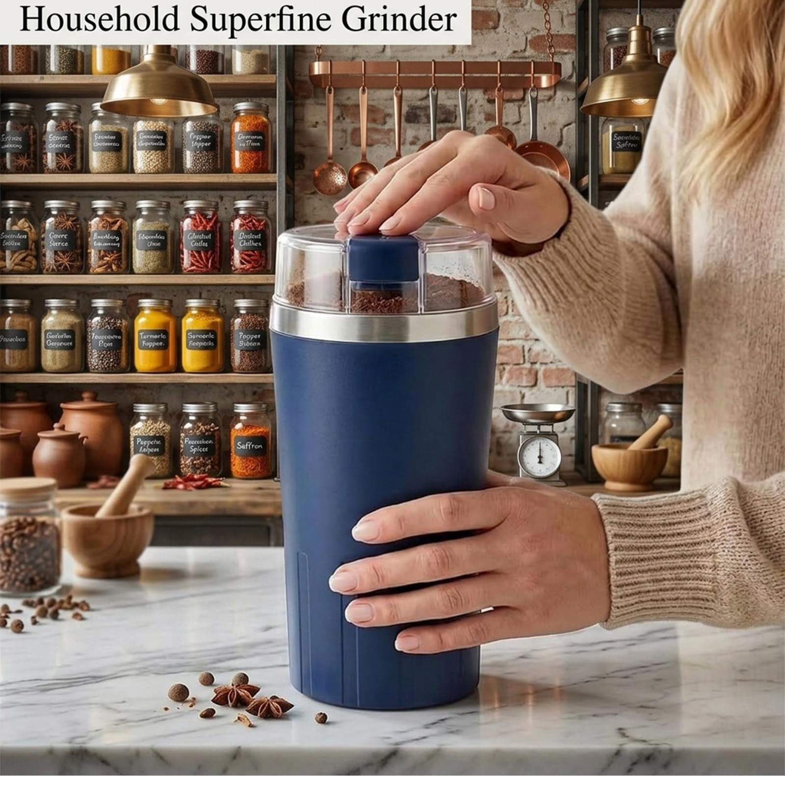 Household Superfine Grinder - Multi-Grain Blending & Powdering Machine, Stainless Steel Blade One Touch Grinding Design, Electric Spice Grinder for Coffee Beans Herbs Nuts Seeds Pepper Grain