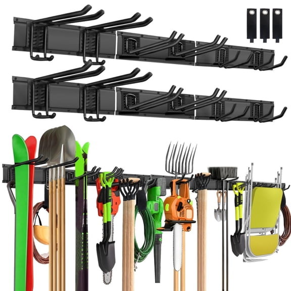 96 Inch Garage Wall Organizer, Heavy‑Duty Garden Tool Storage Rack with 12 Adjustable Hooks, 720 LBS Load Capacity, Anti‑Scratch Hook Sleeves and 3 Storage Straps for Lawn, Garden and Shed Tools