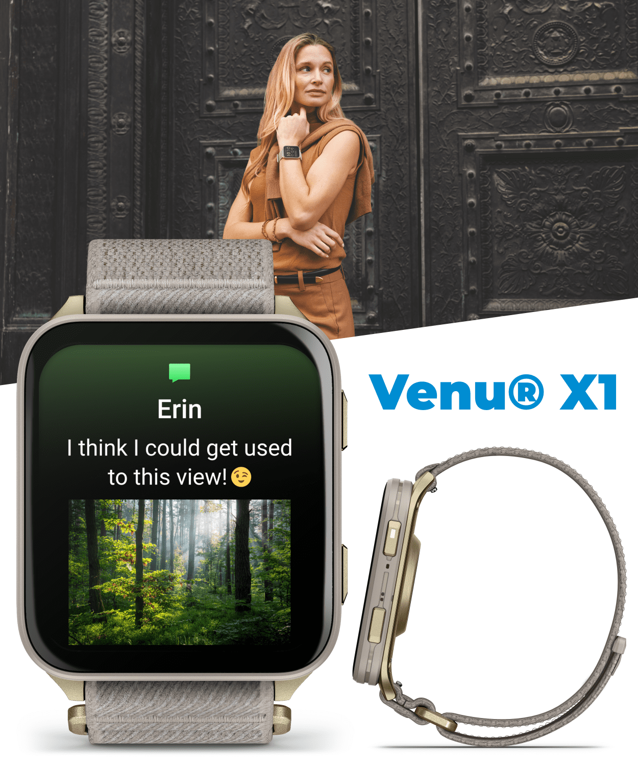 Garmin Venu X1 Thin and Lightweight GPS Smartwatch, AMOLED Display, Soft Gold with Titanium Caseback & French Gray Nylon Band with Wearable4U White EarBuds Bundle