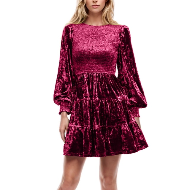 MeetoTime Women's Velvet Dress Knee Length Long Lantern Sleeve Crew Neck Dress Smocked A-Line Ruffle Dress