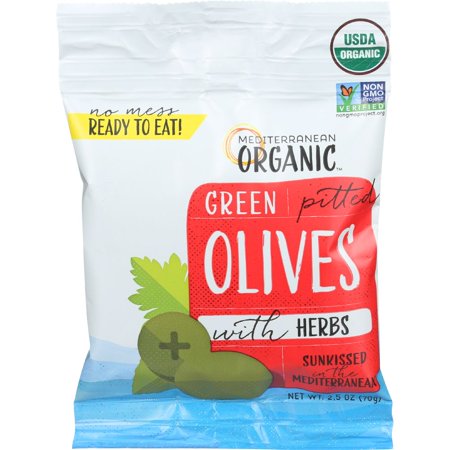 Mediterranean Organic Green Pitted Snack Olives with Herbs, 2.5 Ounce -- 12 per case.