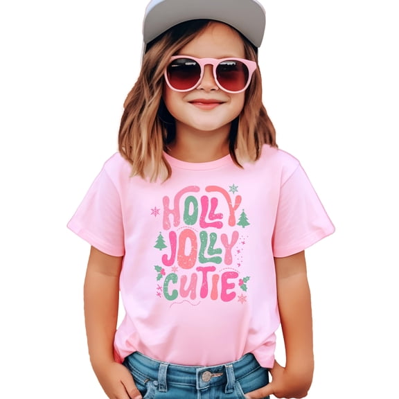 Holly Jolly Cutie Shirt for Girls Festive Christmas Graphic Tee for Kids Pink Shirt Youth Medium