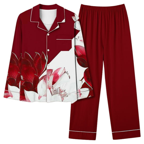 Puntoco Conjunto De Pijamas De Pantalones Y tops Casuales De Manga Larga Con Estampado No Posicionado De Moda Informal Para Mujer (1 top + 1 Pantalón) Traje De Solapa De Manga Larga Rojo L