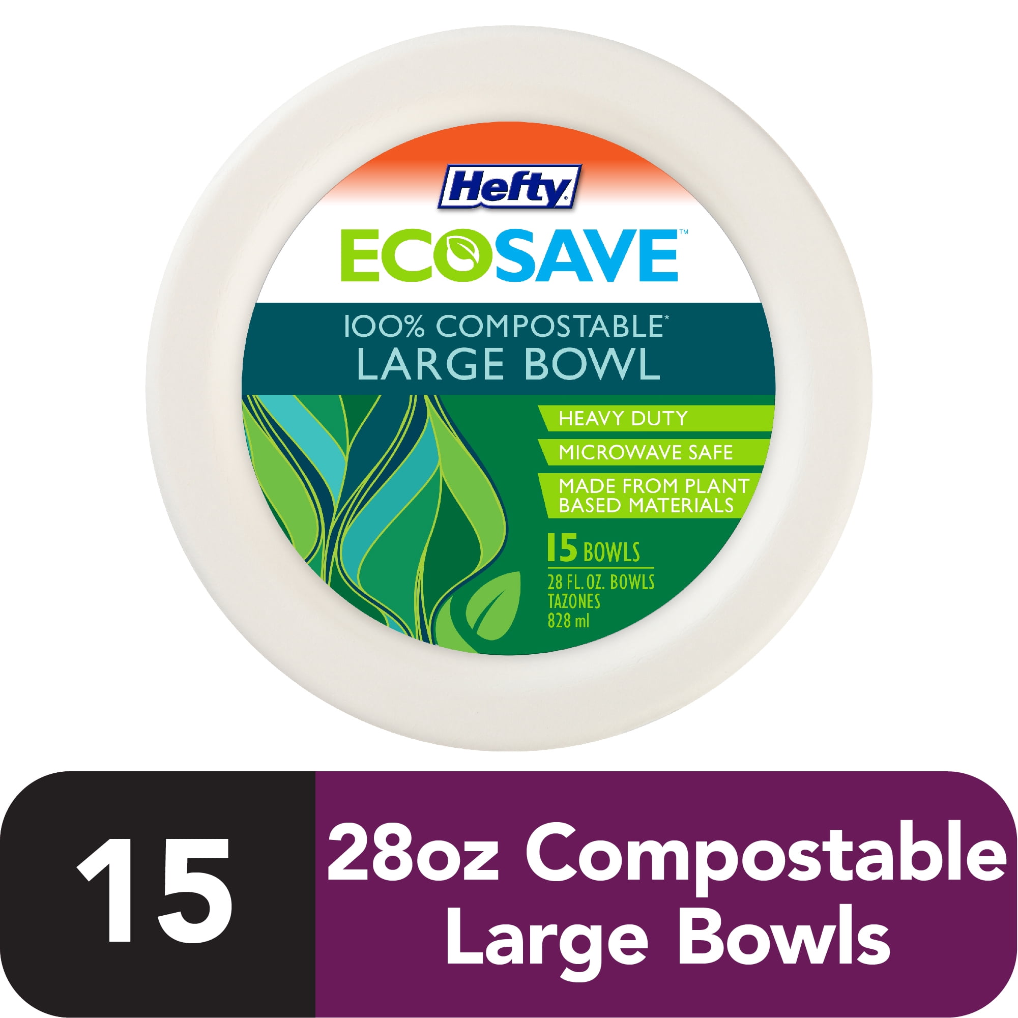 Hefty Ecosave 100% Compostable Bowl, 28 Ounce , 15 Count