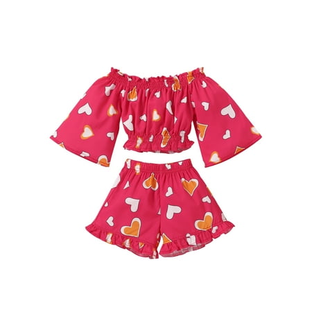 

Fiomva Girls Two Pieces Clothes Outfit Off Shoulder Crop Tops and Shorts Pink 3-4 Years