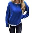 thumbnail image 2 of Women'S Crew Neck Pullover Sweaters, Long Sleeve Knit Tops with Fake Two-Piece Design for Fall Winter Blue XL, 2 of 7