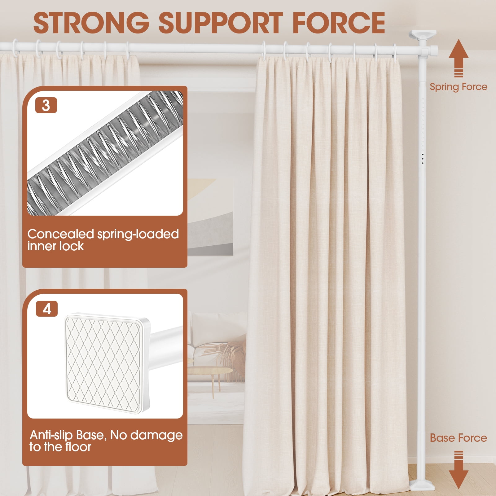 SUNALLY Room Dividers Curtain Rod No Drilling, 4-10ft(H) 28-171inch(W) Adjustable Room Separator for Space Partition, Heavy Duty Floor to Ceiling Tension Rod, White
