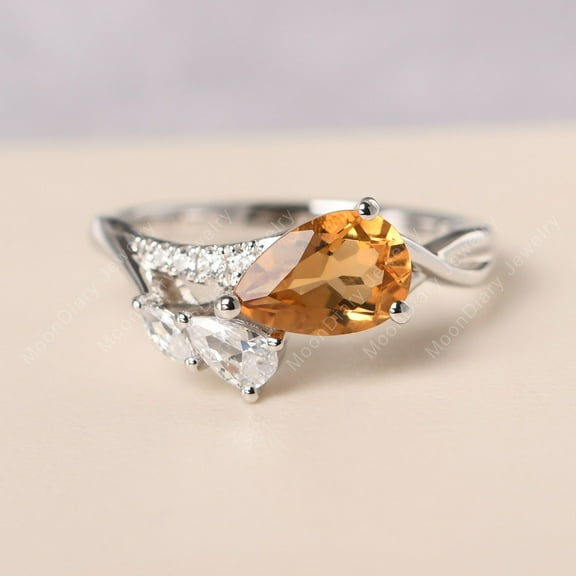 Teardrop citrine ring sterling silver feather ring unique engagement ring