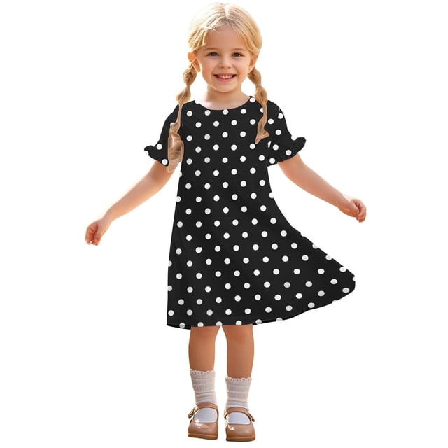 Zpanxa Robes d'Été pour Filles Décontractées à Manches Courtes Col Rond Imprimé Robe en Polyester Spandex Noir 9 Ans