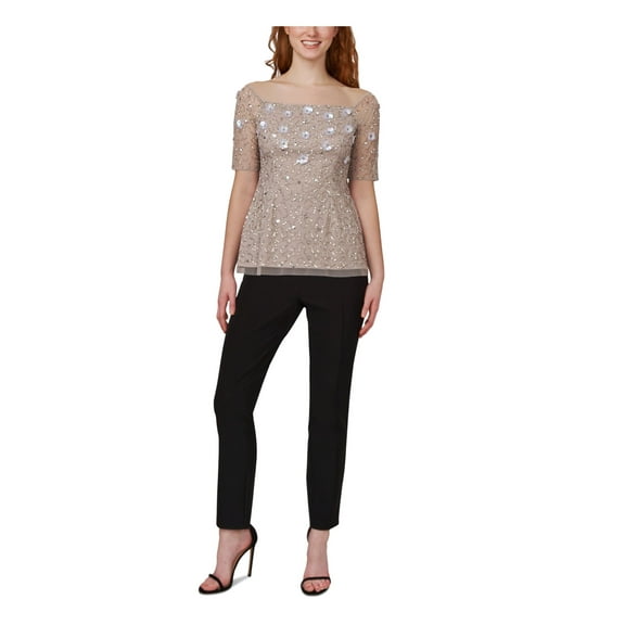 ADRIANNA PAPELL Womens Beige Embellished Zippered Short Sleeve Off Shoulder Party Top 8