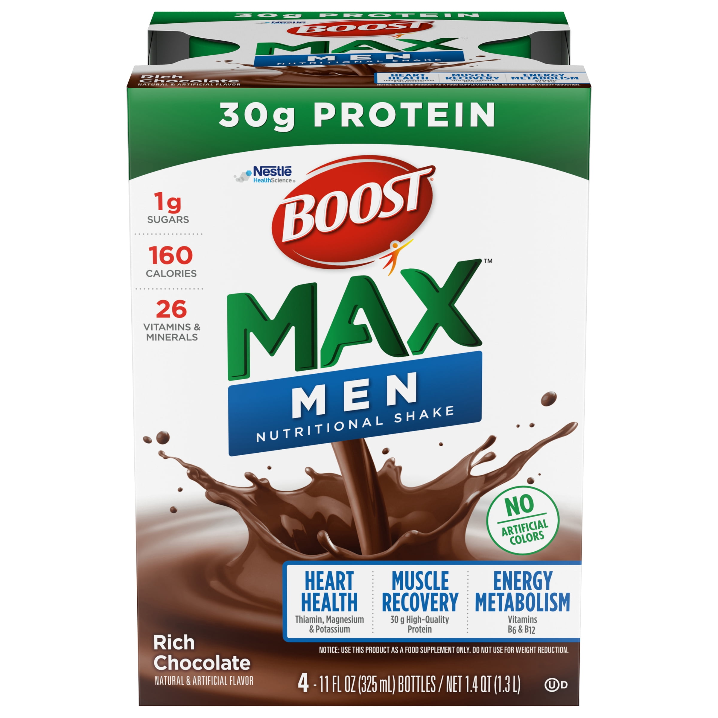 BOOST Max Men Nutritional Drink, Rich Chocolate, 30g Protein, 4 - 11 fl oz Bottles