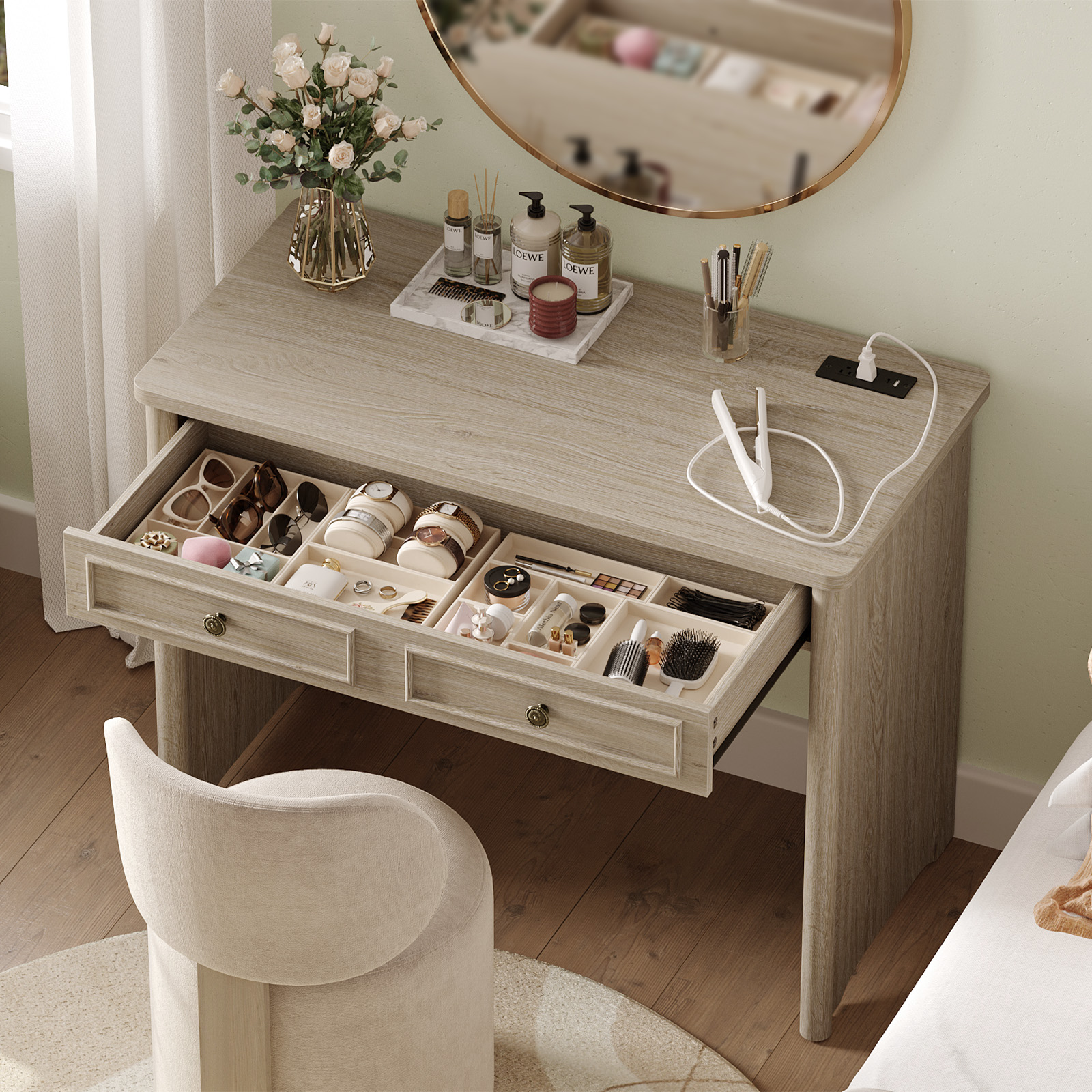 Bestier 39" Computer Desk with Power Outlets and Drawer, Light Oak photo 5
