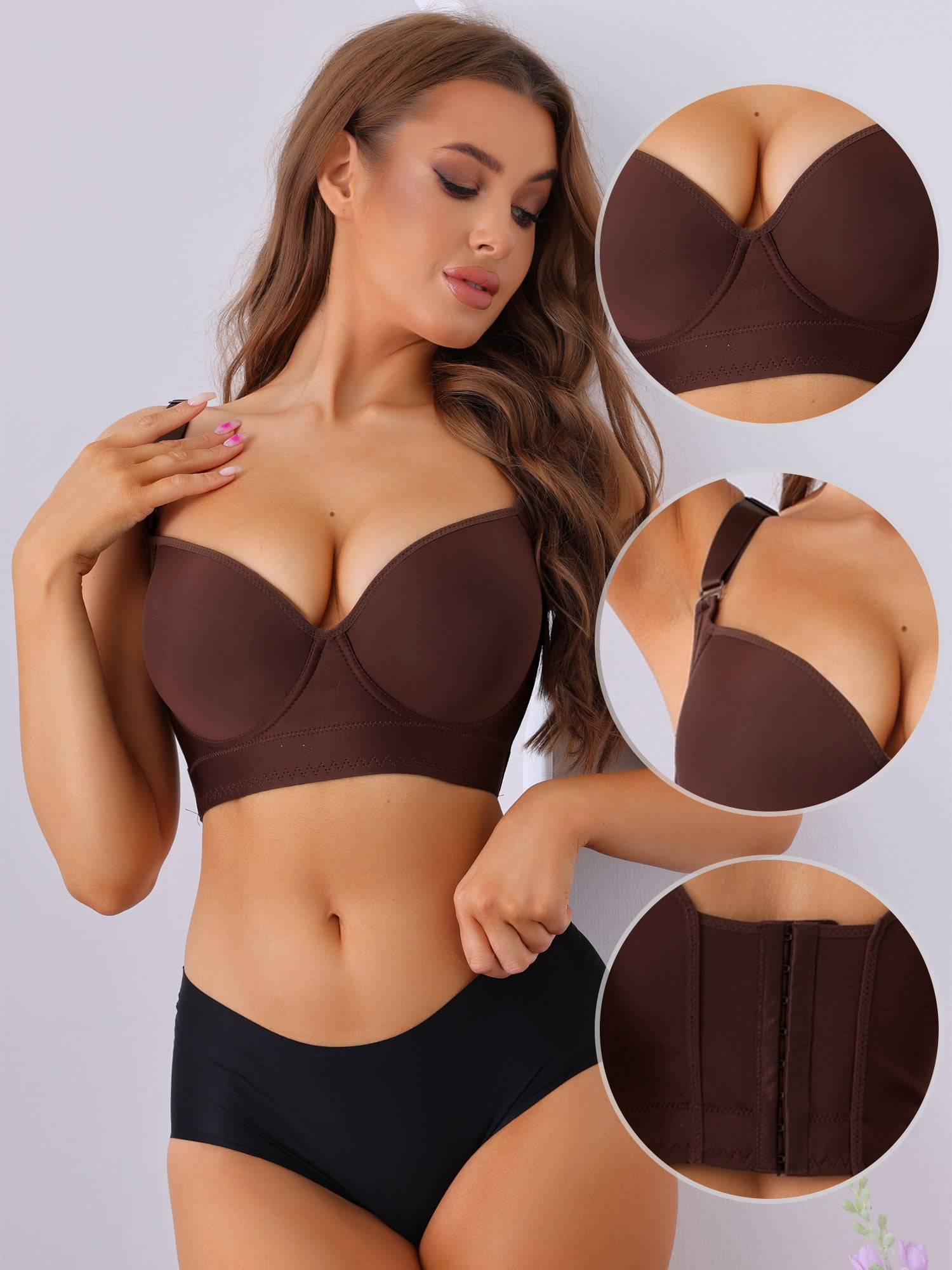 Unique Bargains Women's V-Neck Underwire Bra Push-Up Plus Size Underwear D 40 Brown
