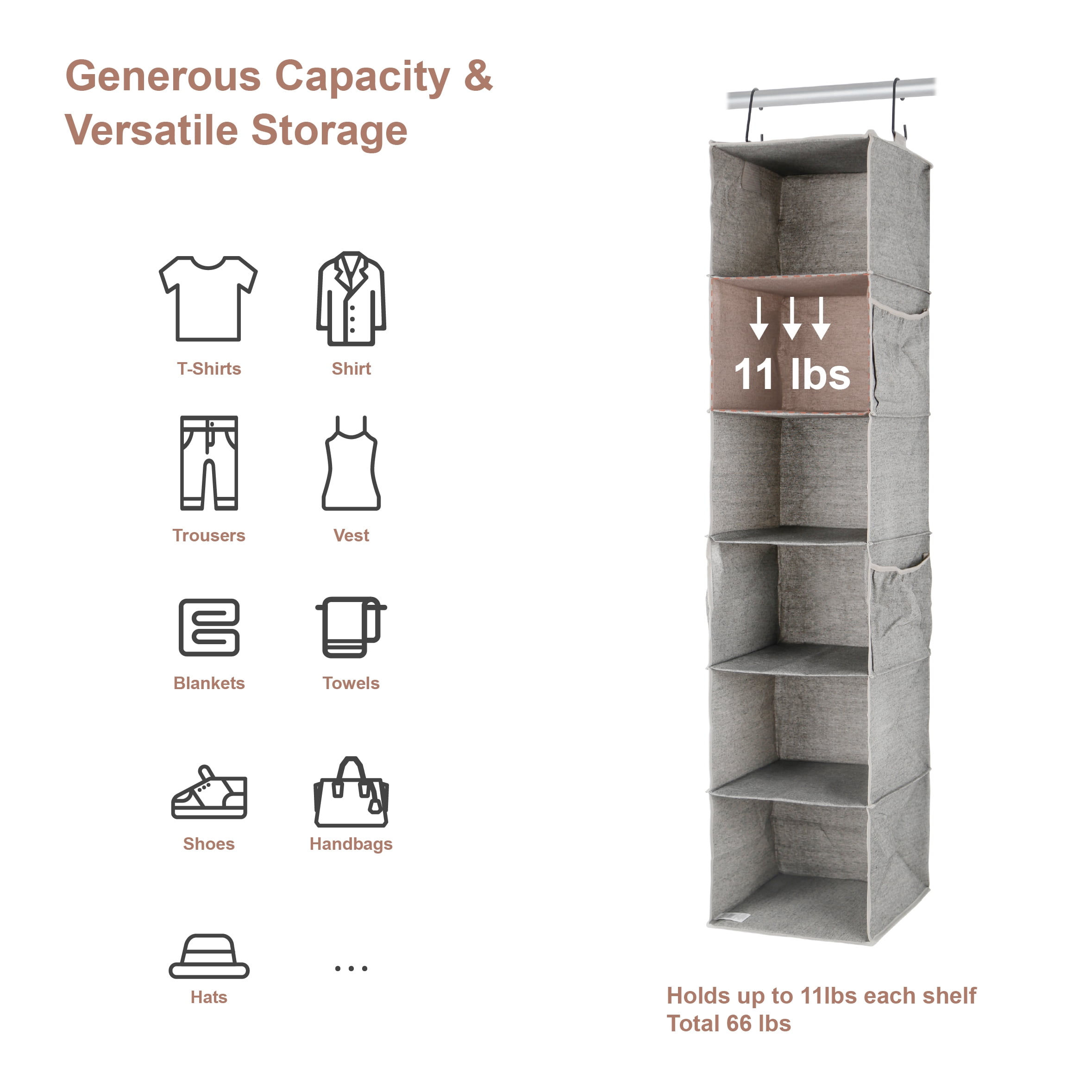 (4 pack) Better Homes & Gardens 6-Shelf Hanging Closet Organizer with Side Pockets in Gray