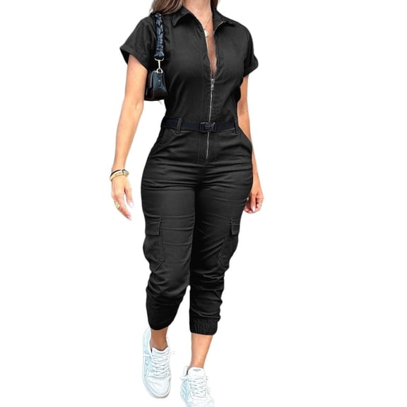 CHICME Jumpsuits for Women Solid Color Short Sleeve Turn Down Collar Casual Zip Up Jumpsuits Pocket Design Cargo Romper Black-XL