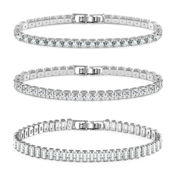 Alexcraft 14K White Gold Plated Tennis Bracelet - 3 Pieces Classic Cut Cubic Zirconia Tennis Bracelet Set for Women Men - Party Wedding Jewelry Gift 4MM/5MM