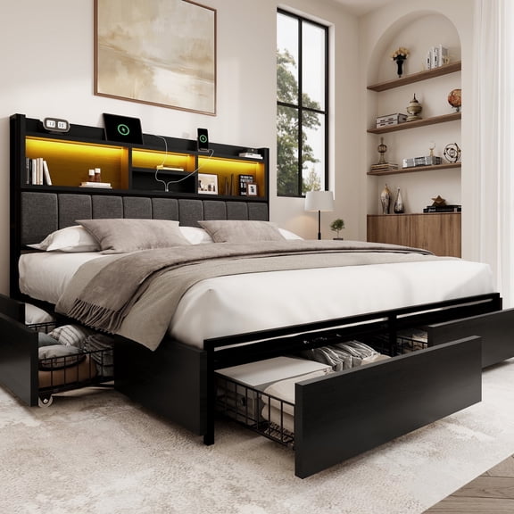 Breltam Platform Bed Frame - Massive 6-Drawer Storage, LED Headboard with Charging Station, No Box Spring Needed