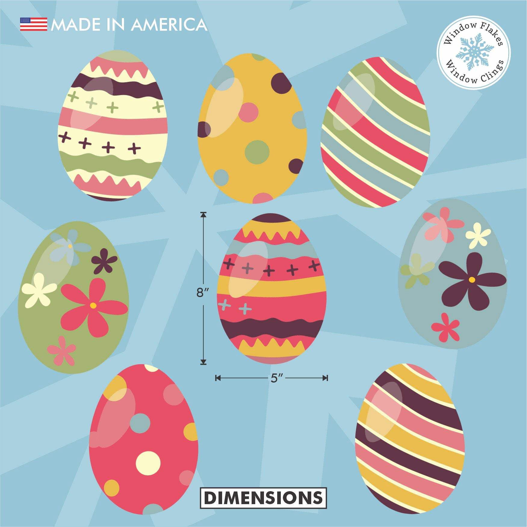 Window Flakes Double-Sided Boho Easter Egg Window Clings, Spring Floral Decals, 8x5, 8-Pack