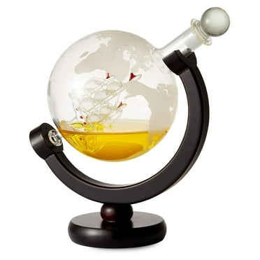 Globe Decanter in Solid Wood Stand - 28oz Crystal Globe Whiskey Decanter Set With Interior Hand-Crafted Glass Ship for , Vodca, Gin, Cognac, Bourbon