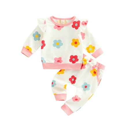 

Calsunbaby 2Pcs Toddler Baby Girls Pants Outfits Flower Print Ruffle Long Sleeve Tops + Casual Trousers Sets Pink 6-12 Months