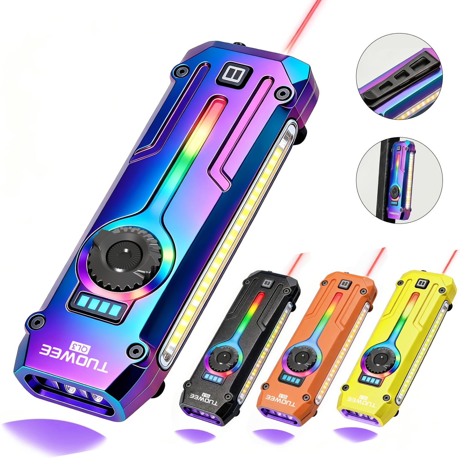 7-In-1 Multifunctional Rechargeable LED Tactical Flashlight EDC Flashlight with UV Detection Laser Pointer RGB Ambient Light Magnetic Base for Camping Hiking Emergency