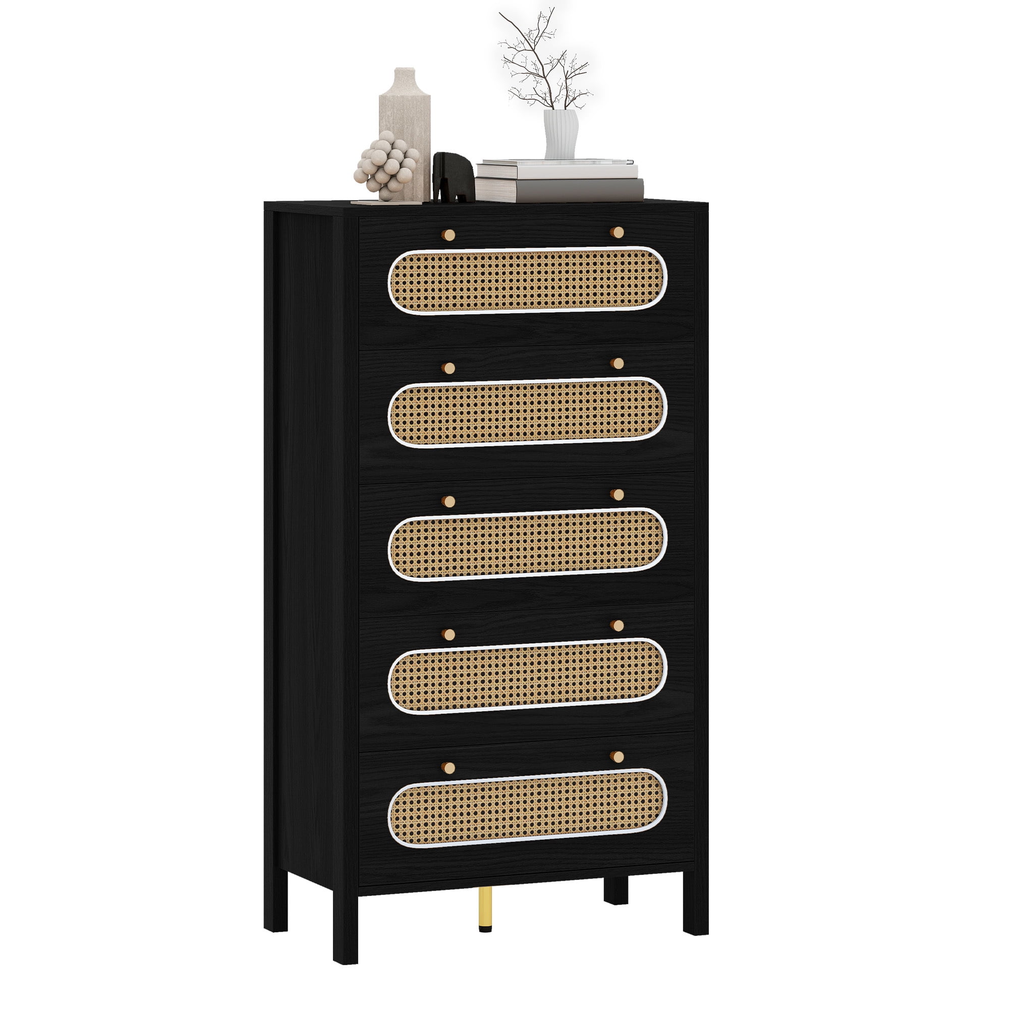 Uforic 47" 5 Drawer Tall Rattan Vertical Dresser with Metal Handles, Chest of Drawers for Bedroom, Living Room, Black Oak
