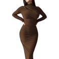 thumbnail image 3 of Vestido Ajustado de Otoño para Mujer, de Larga, con Cuello Redondo Fruncido y Corte Entallado, Vestido de Cóctel para Fiesta Color Café S, 3 of 7