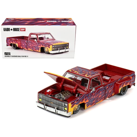 Chevrolet Silverado Dually Pickup Truck "On Fire V1" Red Metallic with Flames and Red Interior (Designed by Jun Imai) "Kaido House" Special 1/64 Diecast Model Car by Mini GT