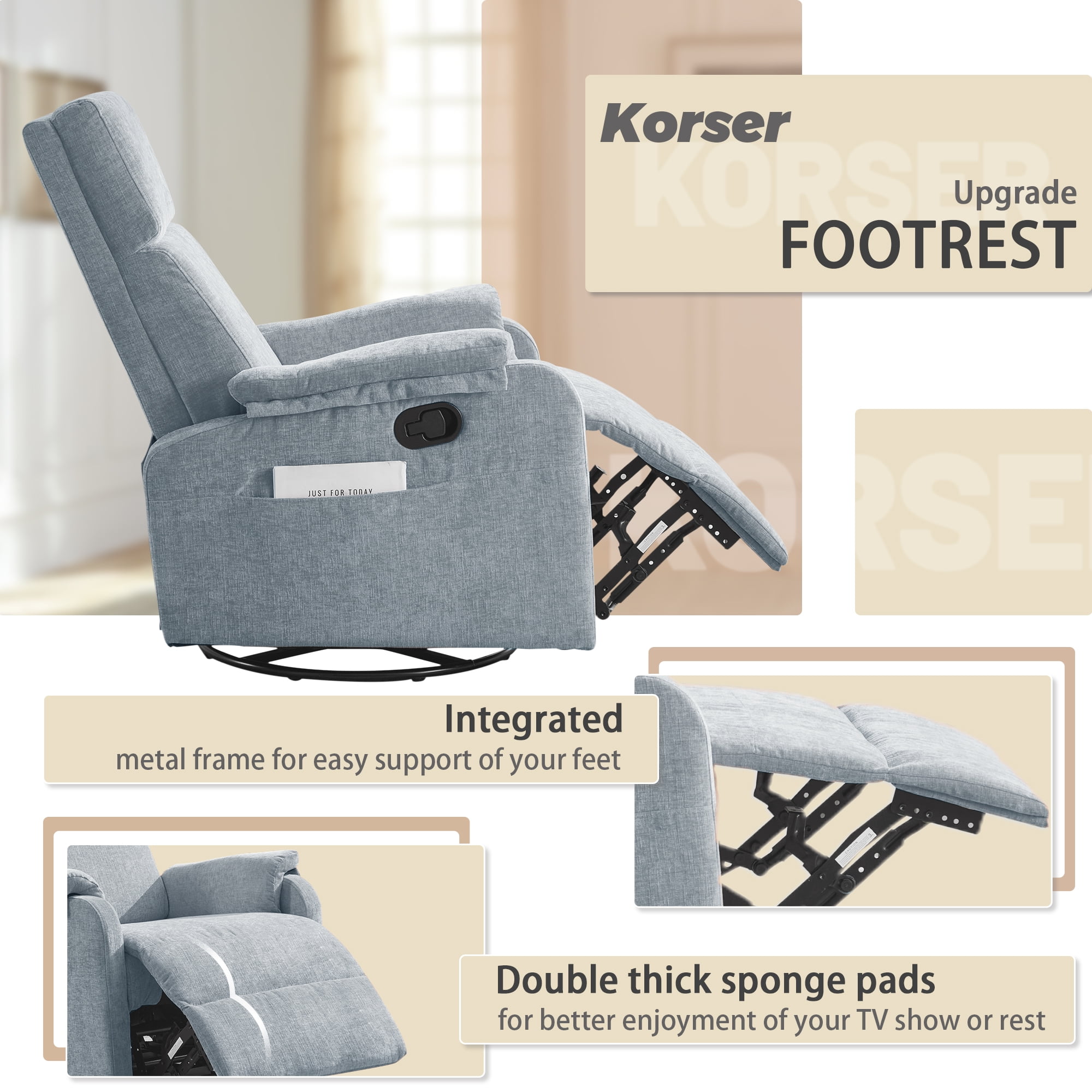 Korser Swivel Rocker Recliner Chair for Small Spaces Chenille for Living Room,Blue