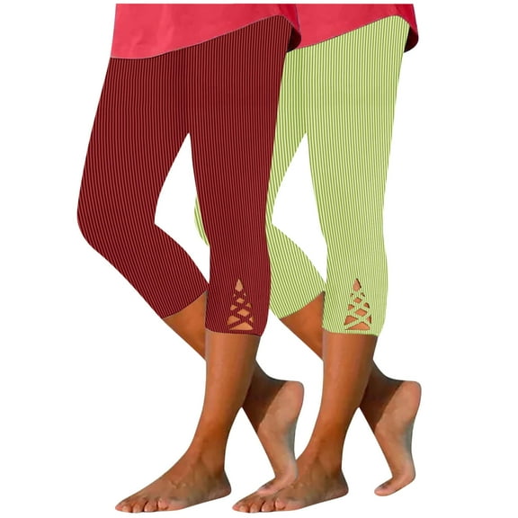 Jgppe Women's Capris Casual Pants 2 Pack Solid Color Elastic Waist Ribbed Stretchy Hem Hollow out Summer Capri