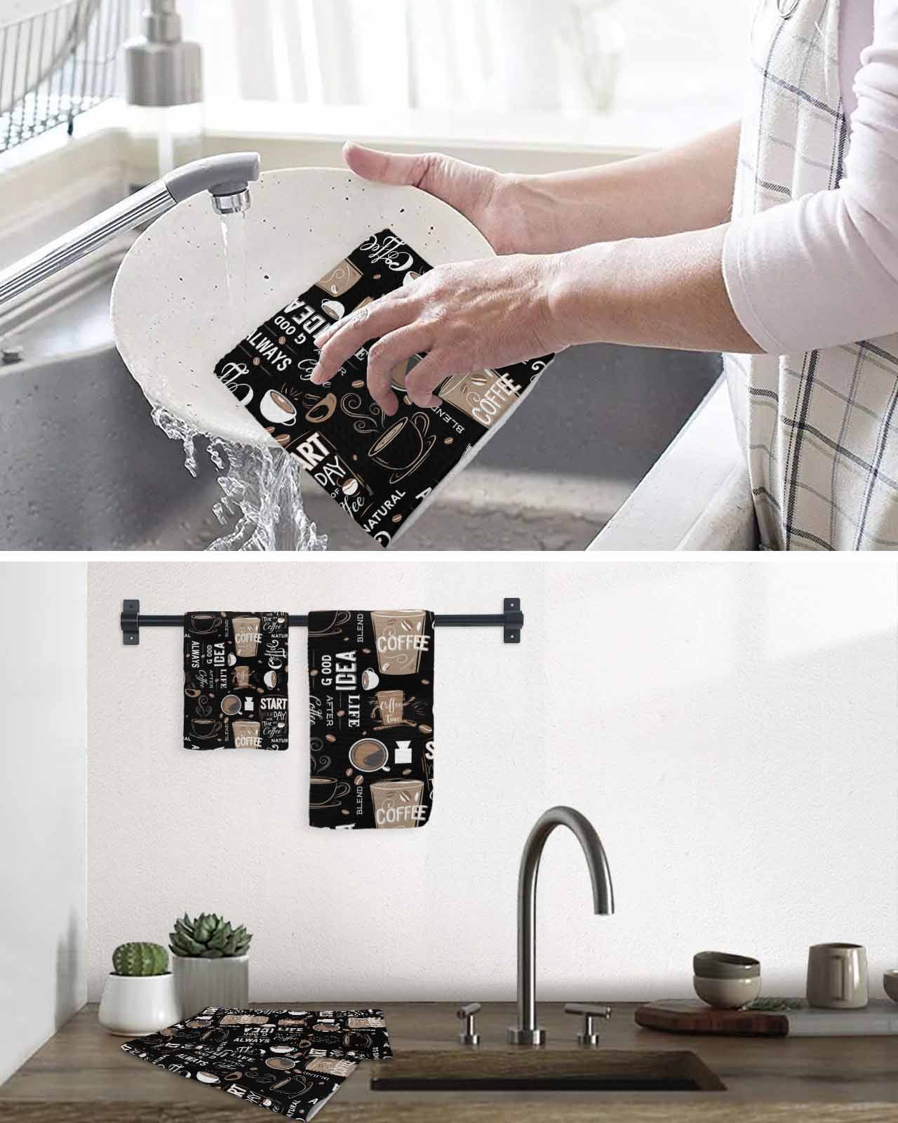 Coffee Black Dish Towels Set, Waffle Weave Kitchen Towels 4 Pieces, Brown Beans Cup Dessert Drink Monochrome Microfiber Hair Face Bath Tea Towel Absorbent Quick Drying Cleaning Dish Cloths 12"x12"