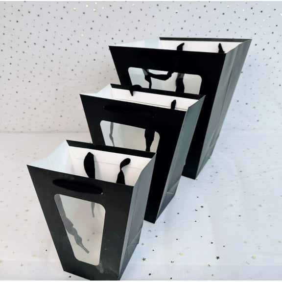 Nvzi gifts, flowers, gift box packaging bags, trapezoidal transparent window carrying bags, flower gift carrying bags (black, 24 * 11 * 26cm)