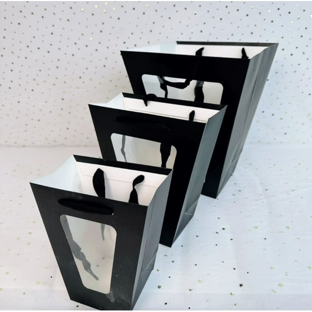 Zhuge Bolsas de embalaje para cajas de regalo, bolsas de transporte con ventana transparente trapezoidal, bolsas de transporte para regalos de flores (negro, 18 * 10 * 20 cm)