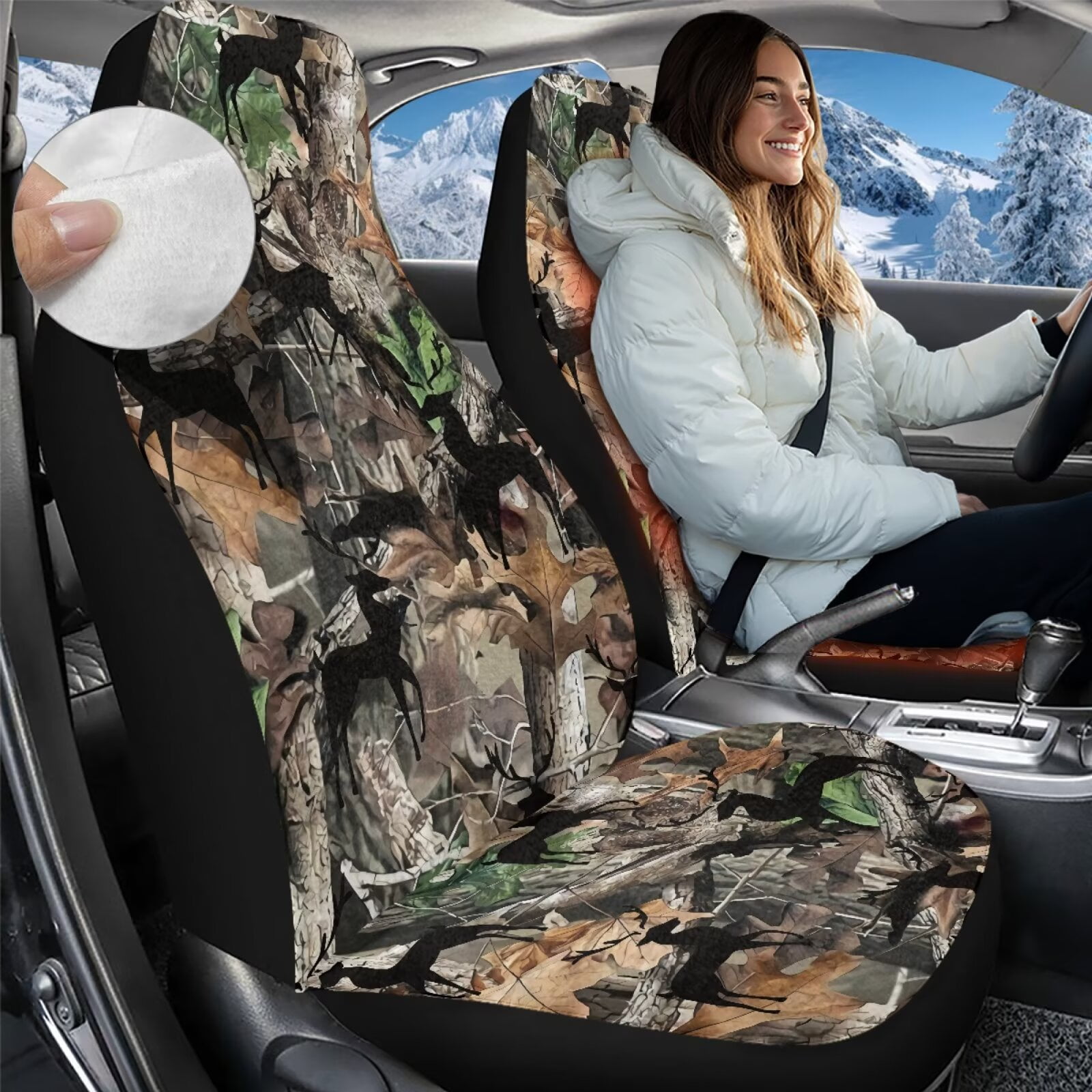 Uorisanigo Car Seat Covers, Universal Auto Interior High Back Bucket Seat Covers, Soft Flurry Camo Hunting Forest Automotive Seats Cover for Most Vehicles SUV Pick-up Truck