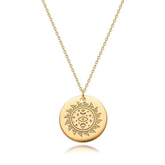 Valloey Rover 14K Gold Plated Personalized Coin Disc Celestial Patterned Engraved Pendant Chain Necklace for Women